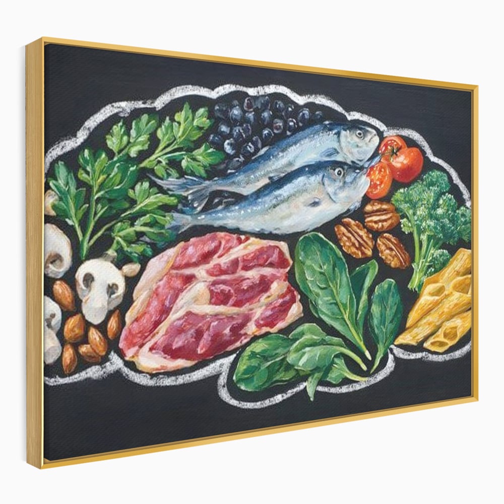 Tablou canvas cu pictura cu alimente variate pe fundal negru, in rama de aluminiu auriu